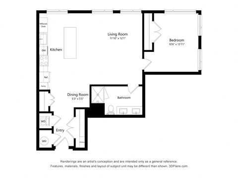 Floor plan for 1 bed, 1 bath, 907 sqft